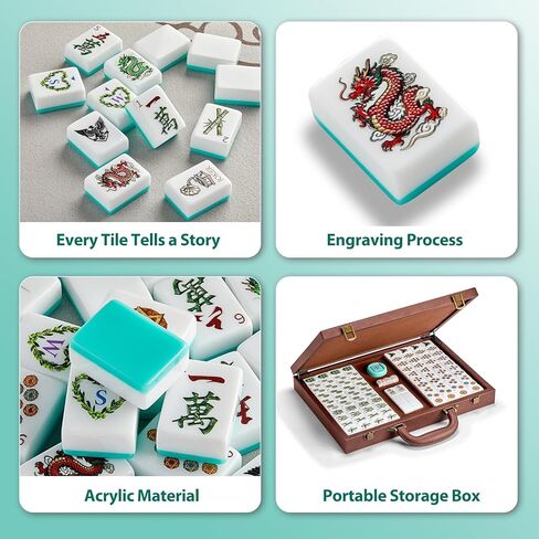 Color Al chemist American Mahjong Tile Set, 166 Vintage-Inspired Acrylic Engraved Tiles with Wind Indicator & Dice, Retro Leather Travel Case | Meaningful Present for Mahjong Social Circles in Kuwait