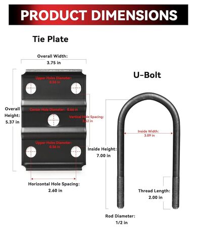 Trailer U Bolt Kit for 5200–7000 lb Axles, 7" Long 1/2" Diameter Heavy Duty Axle U Bolts for 3" Round Trailer Axle, Includes Tie Plates, Nuts & Washers in Kuwait
