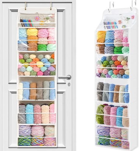 Hanging Yarn Storage Organizer with 6 Zippered Closure Compartments, Large Capacity Knitted Bag, Over the Door Hanging Yarn Holder for Yarn & Crochet Hooks, Clear White 1 Pack in Kuwait
