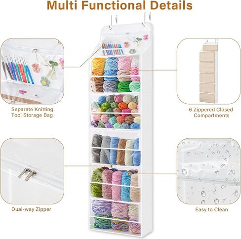 Hanging Yarn Storage Organizer with 6 Zippered Closure Compartments, Large Capacity Knitted Bag, Over the Door Hanging Yarn Holder for Yarn & Crochet Hooks, Clear White 1 Pack in Kuwait