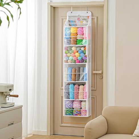 Hanging Yarn Storage Organizer with 6 Zippered Closure Compartments, Large Capacity Knitted Bag, Over the Door Hanging Yarn Holder for Yarn & Crochet Hooks, Clear White 1 Pack in Kuwait