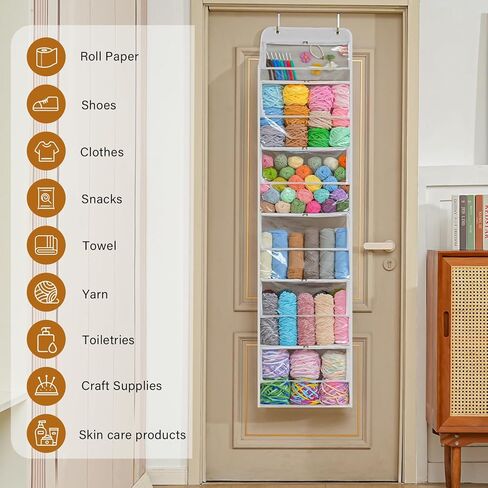 Hanging Yarn Storage Organizer with 6 Zippered Closure Compartments, Large Capacity Knitted Bag, Over the Door Hanging Yarn Holder for Yarn & Crochet Hooks, Clear White 1 Pack in Kuwait