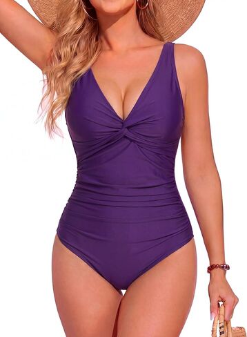 Smismivo Women's Tummy Control Swimsuit One Piece Slimming Ruched Push Up Bathing Suit Vintage Padded Retro V Neck Swimwear in Saudi Arabia