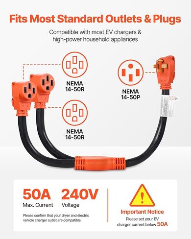 سلك محول VEVOR Y Splitter، 50 أمبير NEMA 14-50، 4 شقوق 240 فولت لـ RV وEV، NEMA 14-50P إلى منافذ مزدوجة 14-50R مع مقبض قبضة، سلك شديد التحمل 6/3+8/1 STW، سلك تمديد طاقة RV خارجي in Kuwait