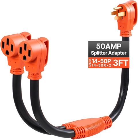 سلك محول VEVOR Y Splitter، 50 أمبير NEMA 14-50، 4 شقوق 240 فولت لـ RV وEV، NEMA 14-50P إلى منافذ مزدوجة 14-50R مع مقبض قبضة، سلك شديد التحمل 6/3+8/1 STW، سلك تمديد طاقة RV خارجي in Kuwait