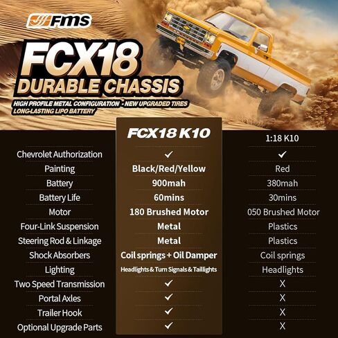 EAZYRC FMS 1/18 FCX18S Chevy K10 S RC Crawler RTR مع ترخيص أحمر، شاحنة بيك اب RC 4x4 Chevy Hobby Grade 2-Speed ​​Transmission Monster Truck للبالغين مع ضوء LED (أحمر) in Kuwait