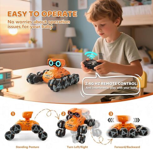 Robot Toys for Kids, 8-Wheel Stunt Car with LED Eyes, Flexible Head, 2.4 GHz Remote, Auto Demo & Music,Robot Toys Gift for Kids 6 7 8 9 10 11 12+ Years Old Boys Girls in Kuwait