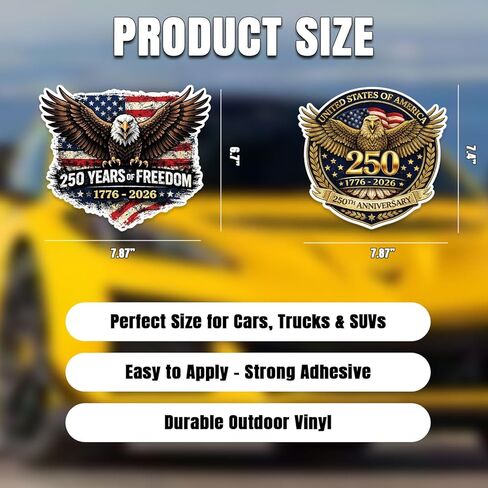 Set of 2, USA 250th Anniversary Car Decal, 6-8 inches, Patriotic Eagle 1776-2026 Sticker, American Flag Auto Decals, 250 Years of Freedom Vinyl Sticker for Car, Truck, Window in Kuwait