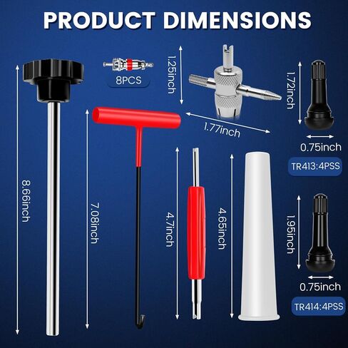 22PCS Tire Valve Stem Tool–Quick Change Valve Installer Kit with TR413/TR414 Valve Stems,Valve Stem Removal Tool,4-Way Valve Core Removal Tool,T-Handle Puller,Push Rod&Gloves–Fits Cars,Trucks and More in Kuwait