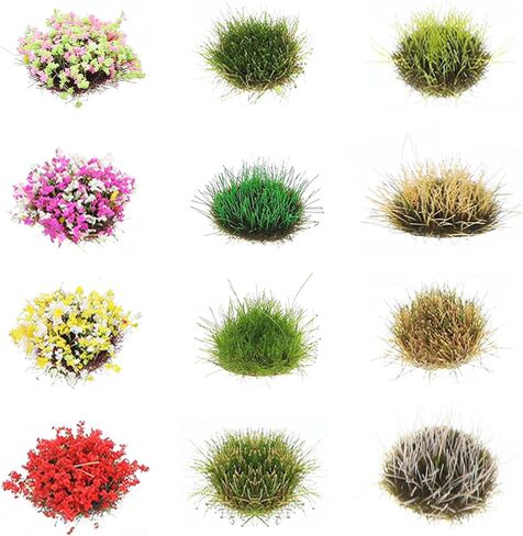 Amabro 110Pcs Static Grass Tufts and Miniature Colorful Flowers Cluster, Self-Adhesive DIY Diorama Model Grass Base Supplies for Train Railroad Scenery Sand Terrain Landscape in Kuwait