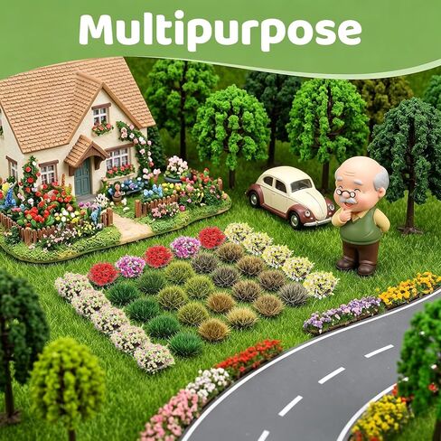 Amabro 110Pcs Static Grass Tufts and Miniature Colorful Flowers Cluster, Self-Adhesive DIY Diorama Model Grass Base Supplies for Train Railroad Scenery Sand Terrain Landscape in Kuwait