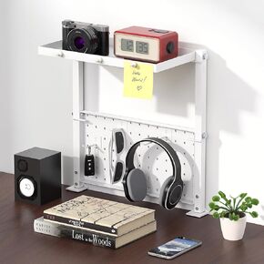 مشبك معدني من Jumyee على رف المكتب مع مشبك مغناطيسي قابل للطي بزاوية 270 درجة على منظم Pegboard مع 6 خطافات، منظم سطح المكتب رف مكتب أبيض لملحقات ألعاب المكتب المنزلي (أبيض) in Kuwait