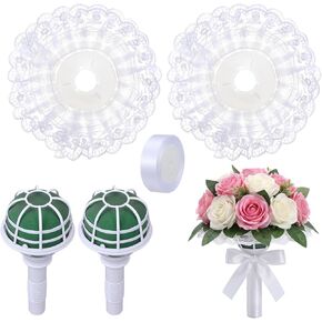 Ferrochef 2 Set White Lace Handle Bouquet Holder Foam Floral Handle Wedding Bridal Bouquet Holder DIY with 1 inch White Satin Ribbon for Bride & Bridesmaid Fresh & Artificial Flower Arrangements in Kuwait