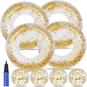 8 Pack Glitter Inflatable Pool Float Tube 4 Pcs 31.5 Inch Golden Swim Rings 4 Pcs 11 inch Glitter Beach Balls with Air Pump Summer Pool Beach s Hawaiian Outdoor Party Decorations Supplies in Kuwait