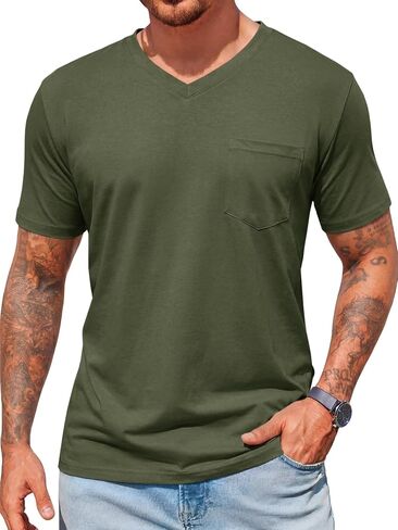 Runcati Mens Short Sleeve T-Shirts Casual Summer Beach Cotton V Neck Tee Tops with Pocket in Saudi Arabia