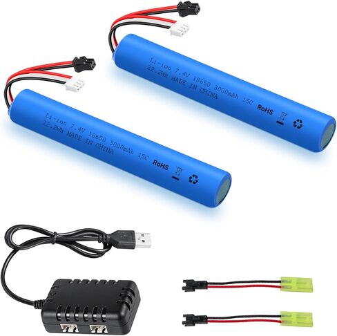 Airsoft Battery 7.4V 3000mAh High Capacity Splatter Ball Gun Battery Pack with SM2P Plug and Mini Tamiya Plug Cable Fit for SRB1200, SRB400, SRB400-SUB, MP5K, M4, M110 Airsoft Gun Toy in Kuwait