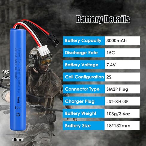 Airsoft Battery 7.4V 3000mAh High Capacity Splatter Ball Gun Battery Pack with SM2P Plug and Mini Tamiya Plug Cable Fit for SRB1200, SRB400, SRB400-SUB, MP5K, M4, M110 Airsoft Gun Toy in Kuwait