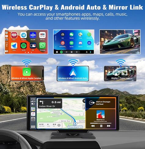 Portable Apple Carplay Screen for Car, 7" Wireless CarPlay & Android Auto Touch Screen Car Stereo with Backup Camera, 64GB Card, Car Audio Mirror Link, Bluetooth, EQ, FM, AUX, Siri, Multimedia Player in Saudi Arabia