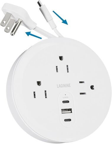 بكرة سلك شريط طاقة مستديرة مع 3 منافذ، 1 منفذ USB-A ومنفذين USB-C 3 أقدام PD20W شحن سريع من النوع C، أسلاك تمديد رفيعة للغاية قابلة للسحب مناسبة للسفر والمكتب وغرفة النوم وفندق الرحلات البحرية in Saudi Arabia