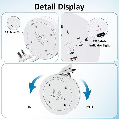بكرة سلك شريط طاقة مستديرة مع 3 منافذ، 1 منفذ USB-A ومنفذين USB-C 3 أقدام PD20W شحن سريع من النوع C، أسلاك تمديد رفيعة للغاية قابلة للسحب مناسبة للسفر والمكتب وغرفة النوم وفندق الرحلات البحرية in Saudi Arabia