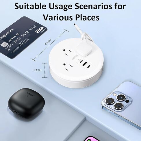 بكرة سلك شريط طاقة مستديرة مع 3 منافذ، 1 منفذ USB-A ومنفذين USB-C 3 أقدام PD20W شحن سريع من النوع C، أسلاك تمديد رفيعة للغاية قابلة للسحب مناسبة للسفر والمكتب وغرفة النوم وفندق الرحلات البحرية in Saudi Arabia