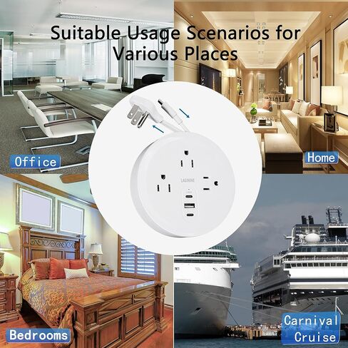 بكرة سلك شريط طاقة مستديرة مع 3 منافذ، 1 منفذ USB-A ومنفذين USB-C 3 أقدام PD20W شحن سريع من النوع C، أسلاك تمديد رفيعة للغاية قابلة للسحب مناسبة للسفر والمكتب وغرفة النوم وفندق الرحلات البحرية in Saudi Arabia