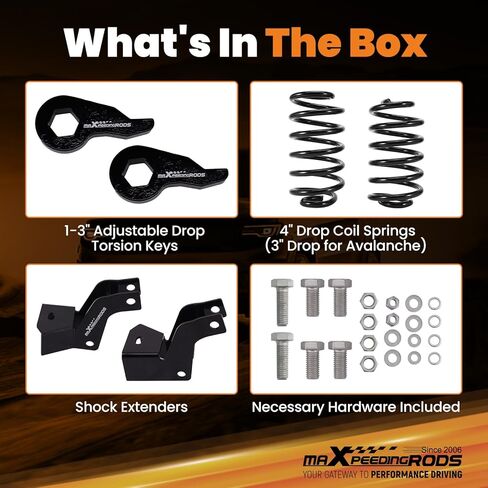 maXpeedingrods 3" Front & 4" Rear Lowering Kit for 2000-2006 GM Tahoe/Suburban/Avalanche Yukon/Yukon XL Escalade w/Torsion Keys, Drop Coil Springs Kit in Kuwait