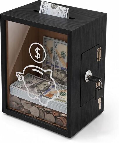 NUOBESTY Wooden Piggy Bank with Lock, Clear Acrylic Front Money Box for Adults & Kids, Openable Coin Container for Cash Saving Challenge, Vacation Fund Jar Home Decor (Black) in Kuwait
