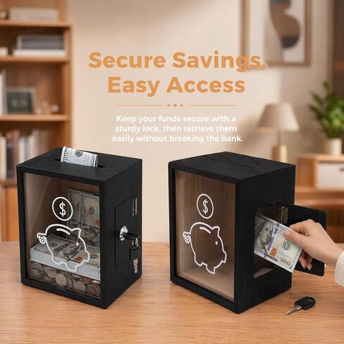 NUOBESTY Wooden Piggy Bank with Lock, Clear Acrylic Front Money Box for Adults & Kids, Openable Coin Container for Cash Saving Challenge, Vacation Fund Jar Home Decor (Black) in Kuwait