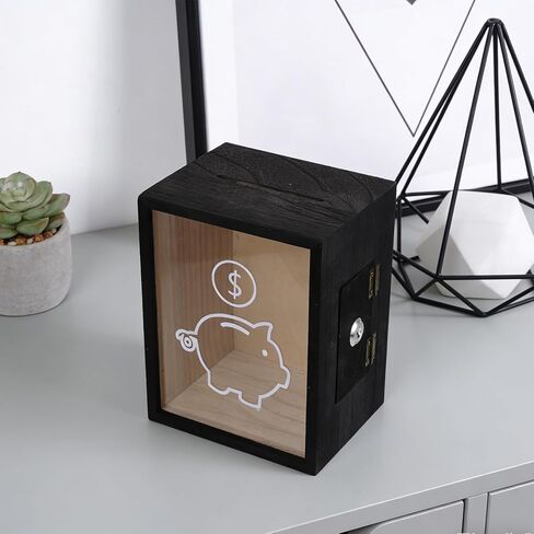 NUOBESTY Wooden Piggy Bank with Lock, Clear Acrylic Front Money Box for Adults & Kids, Openable Coin Container for Cash Saving Challenge, Vacation Fund Jar Home Decor (Black) in Kuwait
