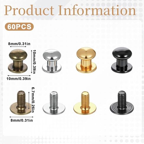 60 Sets Chicago Screws for Leather Studs Round Button Stud Rivet 8mm Leather Screw Rivets Screw in Rounded Rivets for DIY Craft Repairs Decoration (4 Colors) in Kuwait