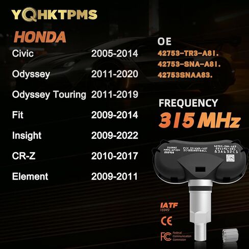 TPMS Honda 315MHz مبرمج مسبقًا، متوافق مع Odyssey 2011-2020 | سيفيك 2005-2014 | Fit 2009-2014/OE#42753SNAA83,42753TR3A81,42753SNAA81(مجموعة من 4) مستشعر مراقبة ضغط الإطارات in Kuwait