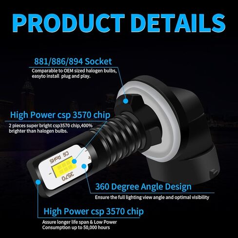 Compatible with Polaris Sportsman 300 400 450 500 550 570 600 700 800 850 fog light bulbs, Super Bright 1600LM 8000K ice Blue,881 886 894 896 ice Blue fog light Bulbs(Pack of 2) in Kuwait