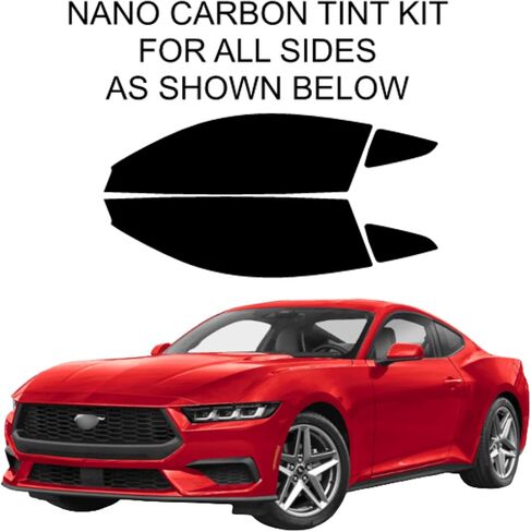 صبغة نافذة كربون نانو مقطوعة بشكل احترافي لسيارة Ford Mustang 2 Dr Coupe 2024-2026 جميع النوافذ الجانبية تحجب 99% من الأشعة فوق البنفسجية، مجموعة من 4 قطع من طبقة الكربون الاحترافية (20% الكل) in Kuwait