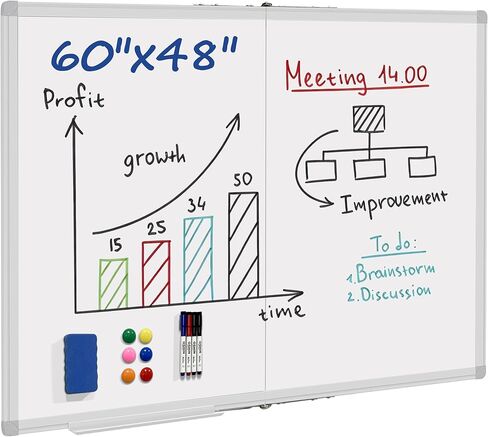 Dry Erase White Board 60 X 48 Inch, Wall-Mounted Silver Aluminum Frame Marker Presentation Board, 5' X 4' Foldable Portable Whiteboard with Pen Tray for School, Classroom, Office & Home in Kuwait
