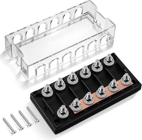 Feekoon 6 Way Mega Fuse حامل، 250A 70V DC كتلة توزيع البطارية ذات التيار العالي مع بسبار نحاسي، غطاء شفاف، و4 براغي تثبيت لأنظمة البطاريات RV، البحرية وخارج الشبكة in Kuwait