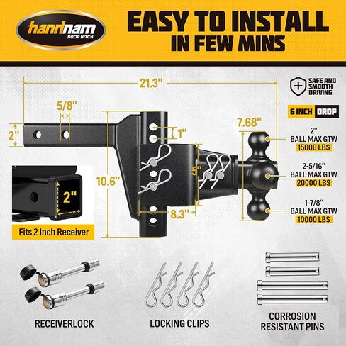 Drop Hitch Heavy Duty for Truck (20,000 LBS GTW), HANDNAM Adjustable Trailer Hitch with 6-Inch Drop/Rise, Tow Hitch, Fits 2-Inch Receiver, Trailer Hitches with Double Anti-Theft Pins Locks in Kuwait
