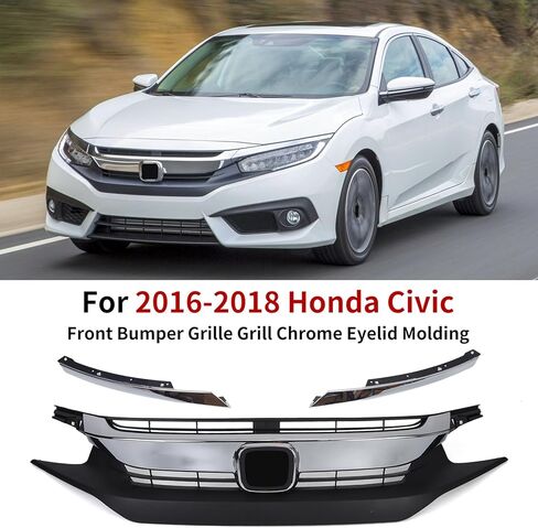 Front Bumper Grille Grill W/Chrome Eyelid Molding For 2016 2017 2018 Honda Civic Sedan in Kuwait