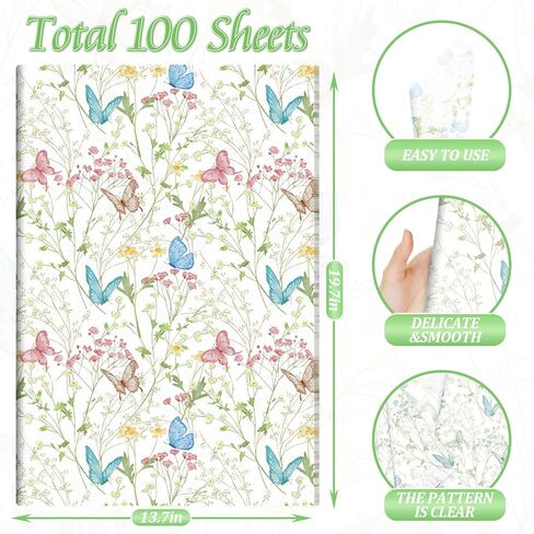 100 Sheets Spring Butterfly Tissue Paper for Gift Bags, Spring Butterfly Wrapping Tissue for Home Party Supplies, 14'' x 20'' (A) in Kuwait