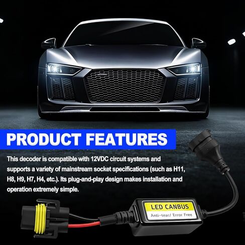 2 Pieces H11/H8/H9 Canbus Decoder and Anti-Flicker Harness - Error Free LED Headlight Adapter for Cars Trucks SUVs and Motorcycles Black in Kuwait