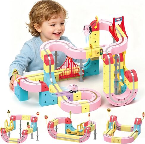DEGIDEGI Electric Train Set for Kids, 115PCS Pink Anti-Gravity 3D Race Track with LED Light-Up Motorized Car, Magnetic Modular Building Kit, STEM Educational Toy Gift for Boys Girls Ages 3-8 in Kuwait