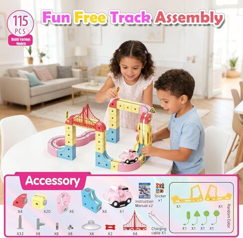 DEGIDEGI Electric Train Set for Kids, 115PCS Pink Anti-Gravity 3D Race Track with LED Light-Up Motorized Car, Magnetic Modular Building Kit, STEM Educational Toy Gift for Boys Girls Ages 3-8 in Kuwait