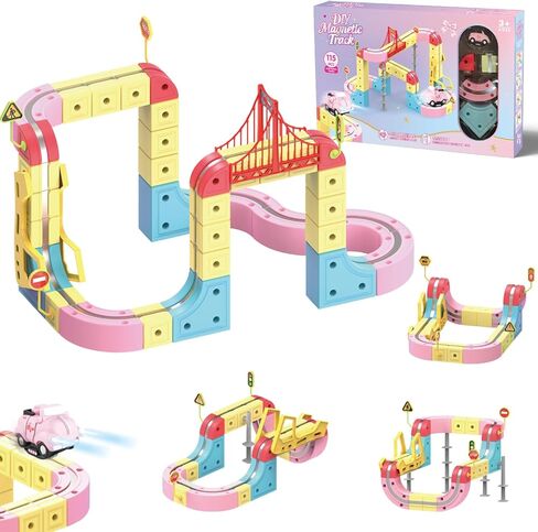 DEGIDEGI Electric Train Set for Kids, 115PCS Pink Anti-Gravity 3D Race Track with LED Light-Up Motorized Car, Magnetic Modular Building Kit, STEM Educational Toy Gift for Boys Girls Ages 3-8 in Kuwait