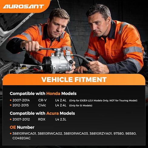 AC Compressor Compatible with Honda CR-V(for EX/EX-L/LX Models Only)2.4L 2007-2014, Honda Civic L4 2.4L(Only for Si Models)2012-2015,Acura RDX 2007-2012 2.3L Replacement for 38810RWCA03 97580 98580 in Kuwait