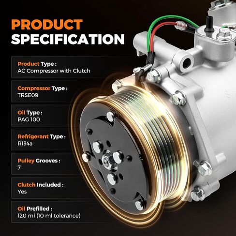 AC Compressor Compatible with Honda CR-V(for EX/EX-L/LX Models Only)2.4L 2007-2014, Honda Civic L4 2.4L(Only for Si Models)2012-2015,Acura RDX 2007-2012 2.3L Replacement for 38810RWCA03 97580 98580 in Kuwait