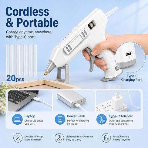 Cordless Hot Glue Gun, 20s Rapid Heat-Up, 2Ah Rechargeable Battery, USB-C Charging, Smart Auto Shut-Off, Anti-Drip, 20 Premium Glue Sticks for DIY Crafts Home Repairs School Projects in Kuwait