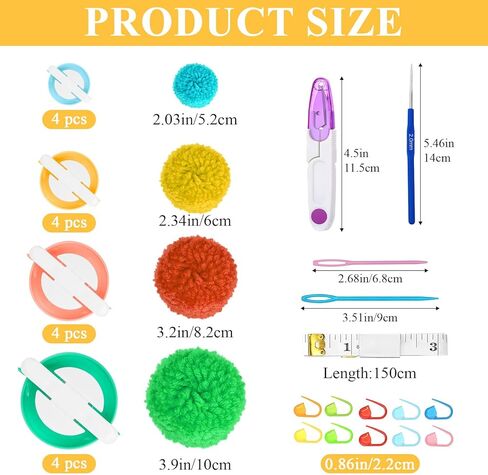 Supkiir 16 Pcs Pompom Makers for Yarn, 4 Sizes Pom Pom Makers with Scissor Accessories, DIY Fluff Ball Weaver for DIY Wool Yarn Knitting Craft Project and Crochet Knitting in Kuwait