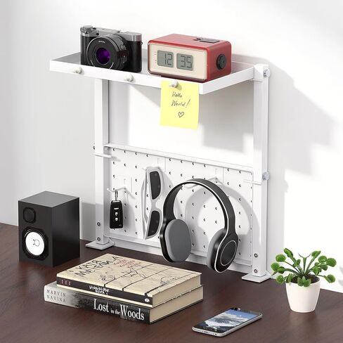 Jumyee 2-Tier Metal Clamp On Desk Shelf with Pegboard, 270° Flip Magnetic Clamp On Pegboard Organizer with 6 Hooks, Desktop Organizer White Desk Shelf for Home Office Gaming Accessories(White) in Kuwait