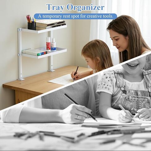 Jumyee 2-Tier Metal Clamp On Desk Shelf with Pegboard, 270° Flip Magnetic Clamp On Pegboard Organizer with 6 Hooks, Desktop Organizer White Desk Shelf for Home Office Gaming Accessories(White) in Kuwait