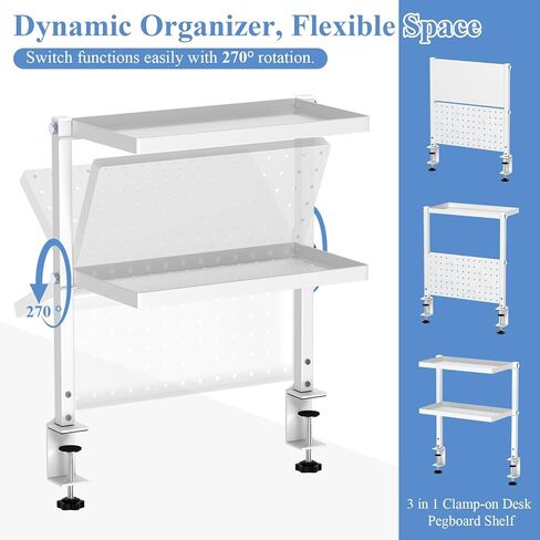 Jumyee 2-Tier Metal Clamp On Desk Shelf with Pegboard, 270° Flip Magnetic Clamp On Pegboard Organizer with 6 Hooks, Desktop Organizer White Desk Shelf for Home Office Gaming Accessories(White) in Kuwait